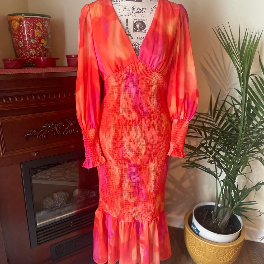~ All About May ~ Sunset Watercolor Smocked Chiffon Dress ~ US 6